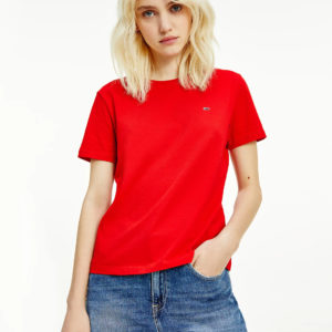 Tommy Jeans dámské červené tričko Jersey - M (XNL)