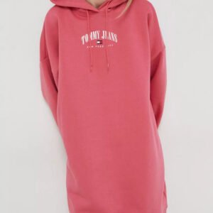 Tommy Jeans dámské růžové mikinové šaty ESSENTIAL LOGO 2 HOOD DRES - XS (XI4)