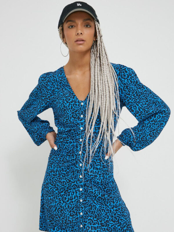 Tommy Jeans dámské modré šaty ANIMAL PRINT RUCHE DW0DW14395 XS