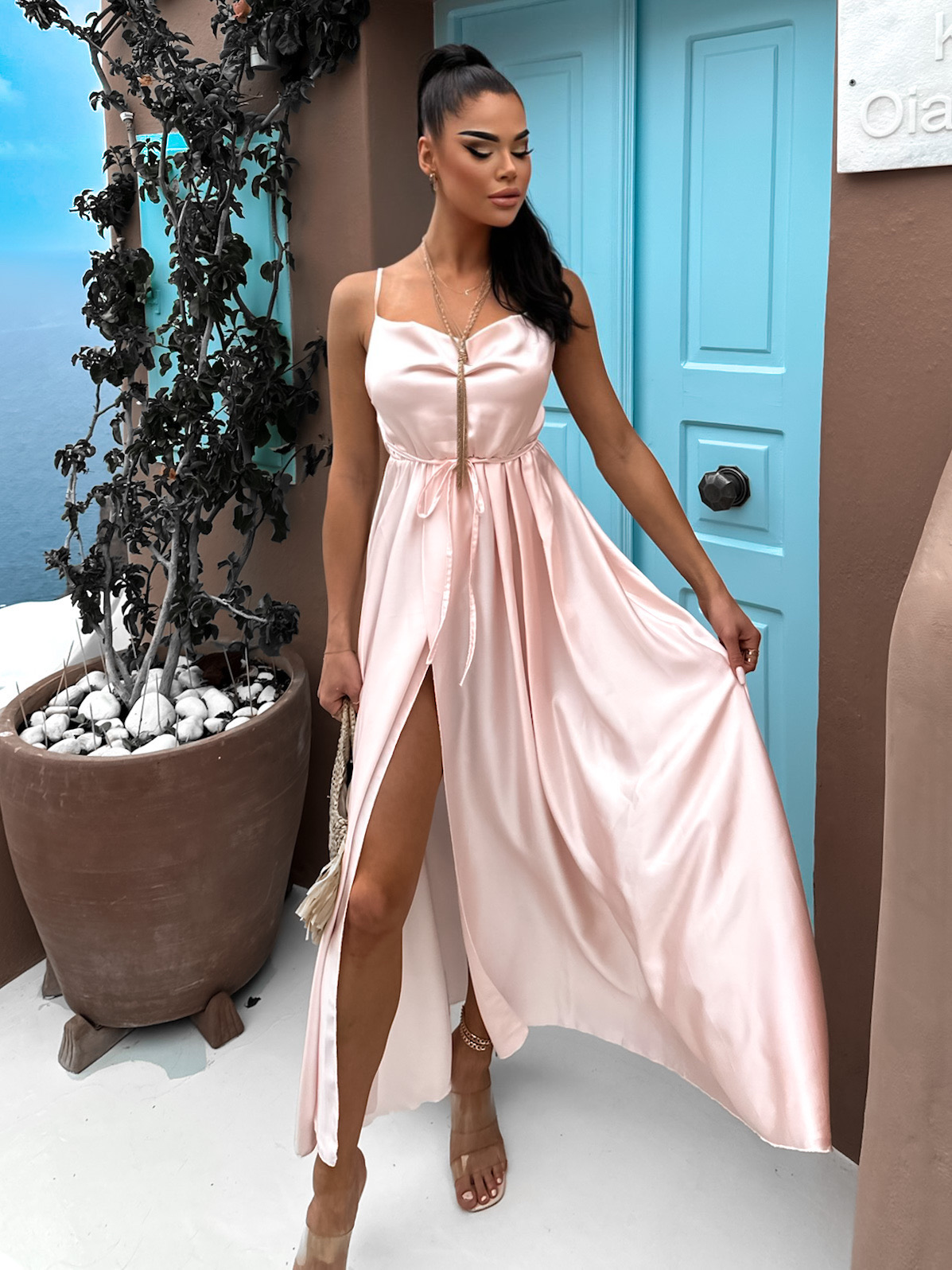 Baby růžové lesklé elegantní šaty YASMINE s rozparkem Velikost: ONESIZE - Obrázek 3