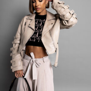 Béžová koženková biker bunda SUELITA s pásky Velikost: L