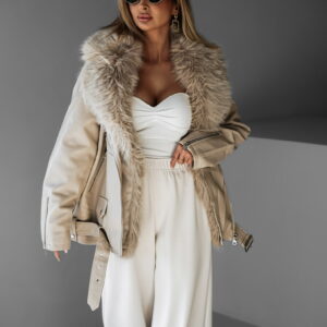 Béžová koženková biker zateplená bunda MASSIMO Velikost: M/L