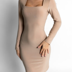 Béžové basic elastické šaty RIENYE s dlouhým rukávem Velikost: ONESIZE