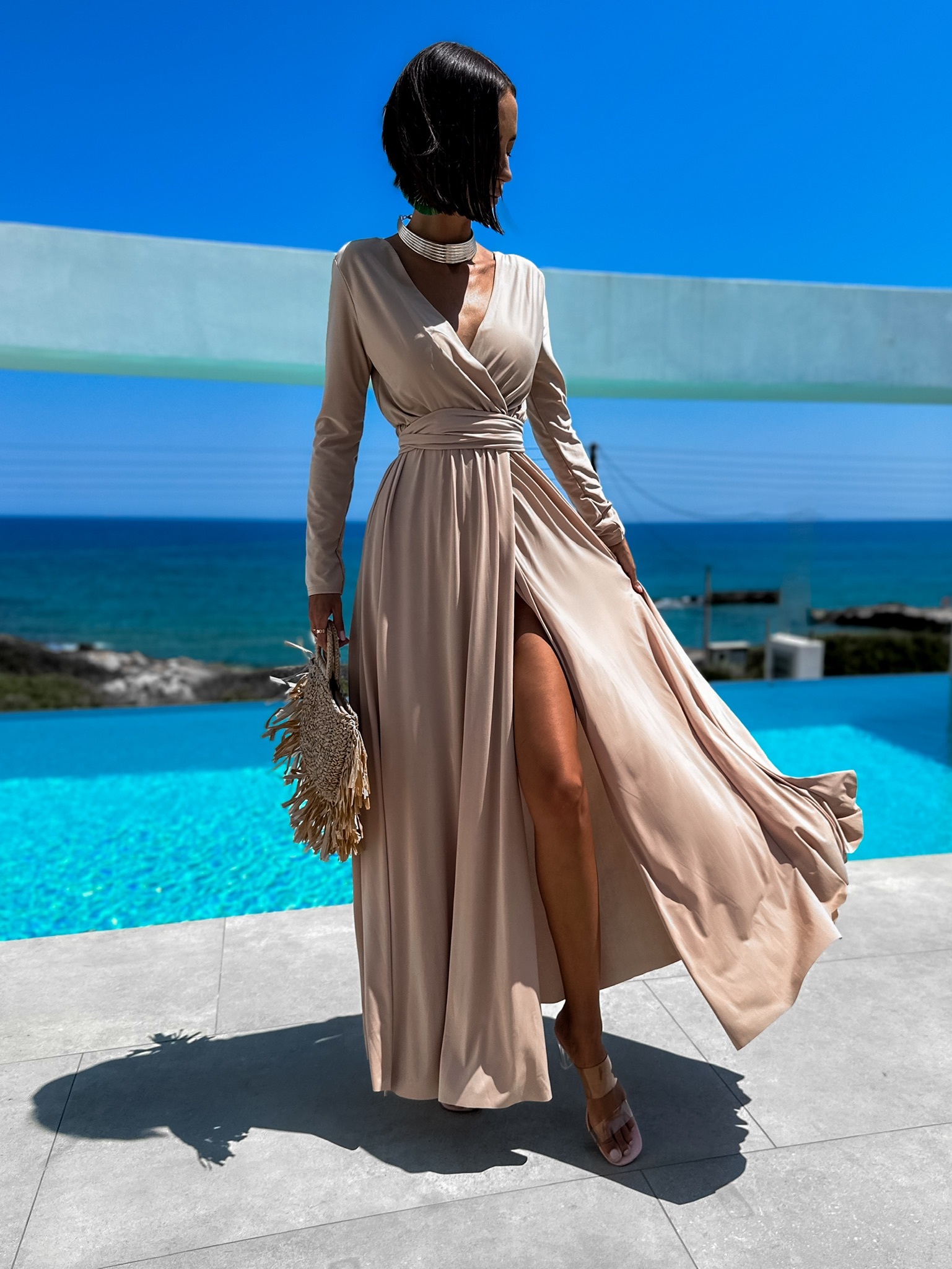 Béžové dlouhé elegantní šaty JOELLIAN Velikost: ONESIZE - Obrázek 3