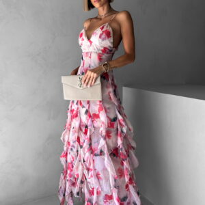 Béžové dlouhé květinové šaty PARASY s volány Velikost: ONESIZE