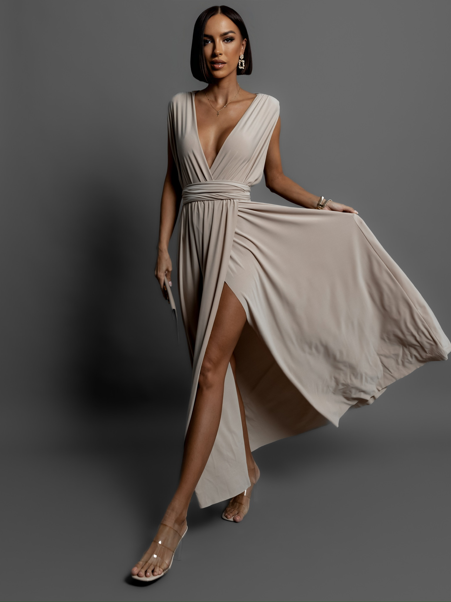 Béžové dlouhé šaty KATIE s vázáním - Obrázek 3