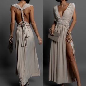 Béžové dlouhé šaty KATIE s vázáním