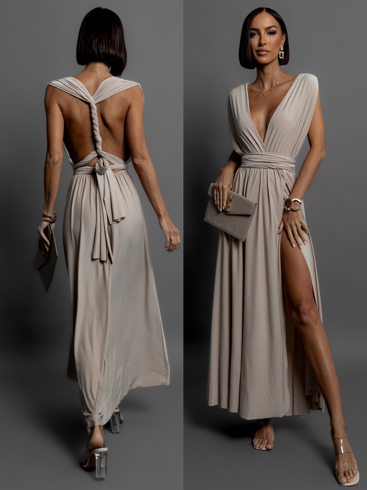 Béžové dlouhé šaty KATIE s vázáním