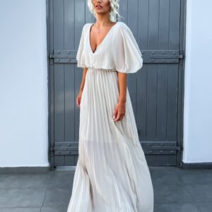 Béžové elegantní šaty PARFOMELLE s výsřihem do V