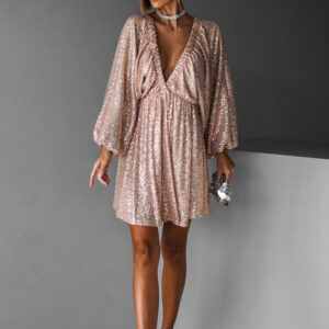 Béžové krátké flitrované šaty BERRON s výstřihem Velikost: ONESIZE