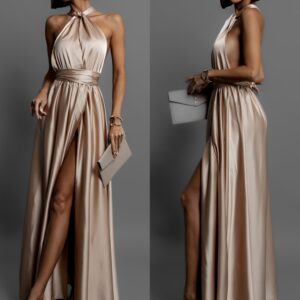 Béžové lesklé šaty VALERDI s variabilním vázáním a rozparkem Velikost: ONESIZE