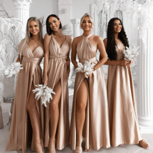 Béžové lesklé šaty VALERDI s variabilním vázáním pro družičky Velikost: ONESIZE