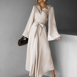 Béžové saténové dlouhé šaty ELITE s vázáním Velikost: S