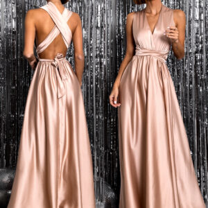 Béžové saténové šaty VALERDY s variabilním vázáním / bez rozparku