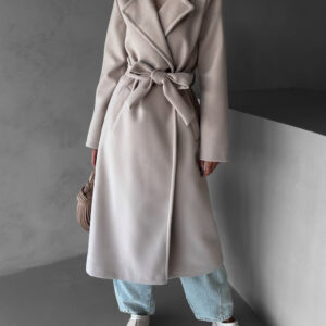 Béžový basic dlouhý kabát SCYLLA s vázáním Velikost: ONESIZE