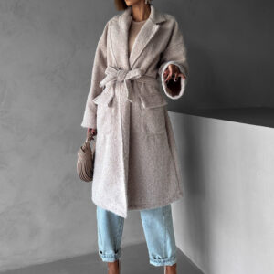 Béžový dlouhý kabát THAISA na zavazování Velikost: ONESIZE