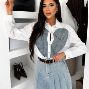 Bílá oversized košile MILIA s denim aplikací Velikost: ONESIZE