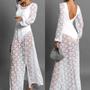 Bílé dlouhé krajkované šaty OCHRIM s body Velikost: M/L