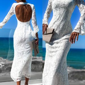 Bílé dlouhé krajkové šaty SAMULES s volánky Velikost: M/L