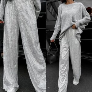 Bílé elegantní flitrované kalhoty MUGE Velikost: ONESIZE