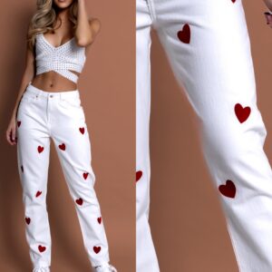 Bílé široké džíny NOSLEN se srdíčky Velikost: M