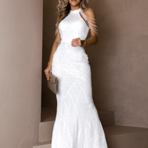 Bílé společenské třpytivé dlouhé šaty KAVYLET Velikost: L