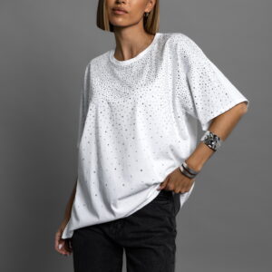 Bílé třpytivé oversize tričko QURDEL s kamínky Velikost: ONESIZE