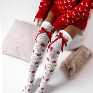 Bíločervené vzorované nadkolenky SLUMBER s mašlí Velikost: ONESIZE