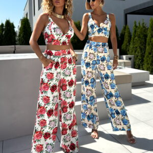 Bílý květovaný kalhotový komplet KARYL s topem Velikost: ONESIZE