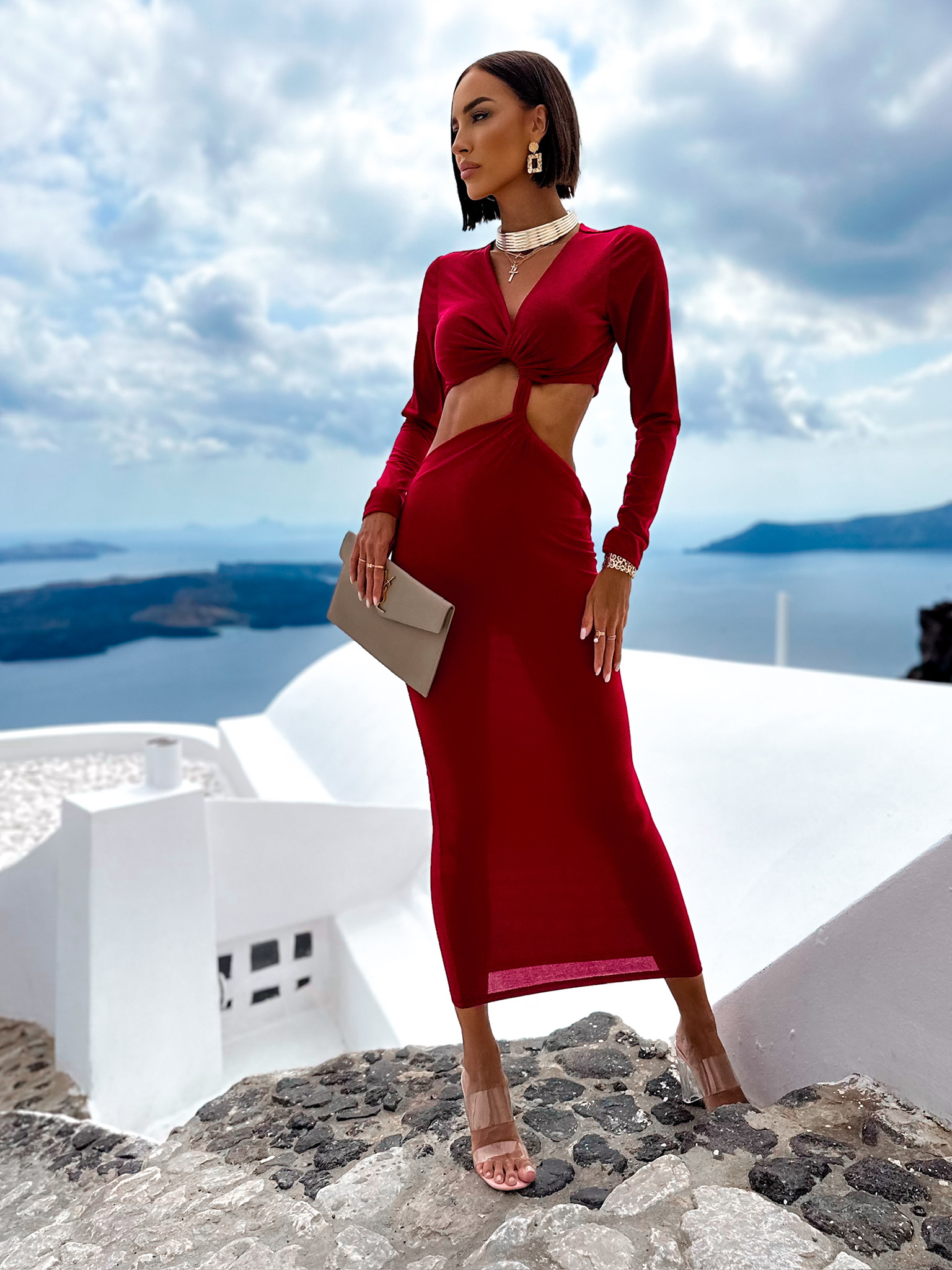 Bordó dlouhé elegantní šaty LANTIC s dlouhým rukávem Velikost: ONESIZE - Obrázek 2