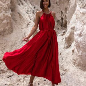 Bordó dlouhé lesklé elegantní šaty MADES se zavazováním