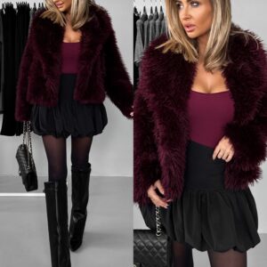 Bordó kožešinový faux fur krátký kabátek VOLORYN Velikost: M/L