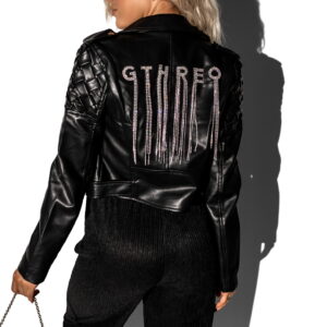 Černá koženková bunda TEODORA s propletením na ramenou Velikost: XL