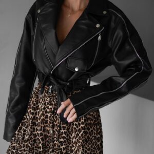 Černá krátká koženková biker bunda BENEDIKTA Velikost: ONESIZE