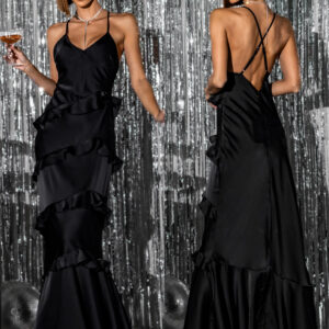 Černé dlouhé elegantní šaty ARKAS s volány Velikost: M/L