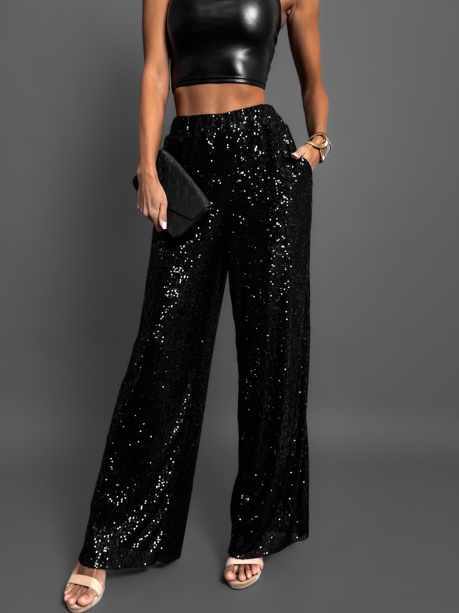 Černé elegantní flitrované kalhoty MUGE Velikost: ONESIZE - Obrázek 3