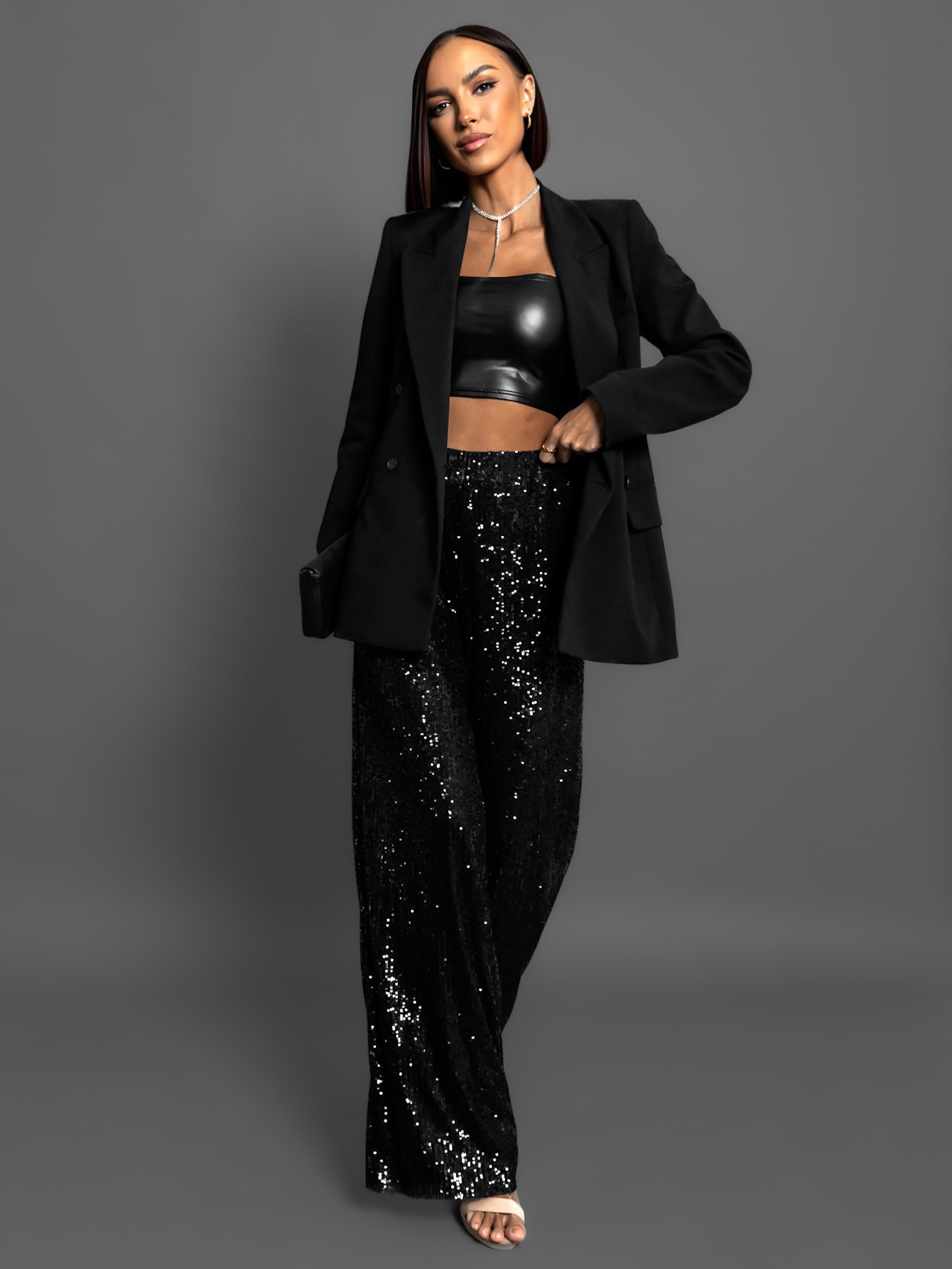 Černé elegantní flitrované kalhoty MUGE Velikost: ONESIZE