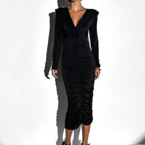 Černé elegantní řasené dlouhé šaty QVORTY Velikost: ONESIZE