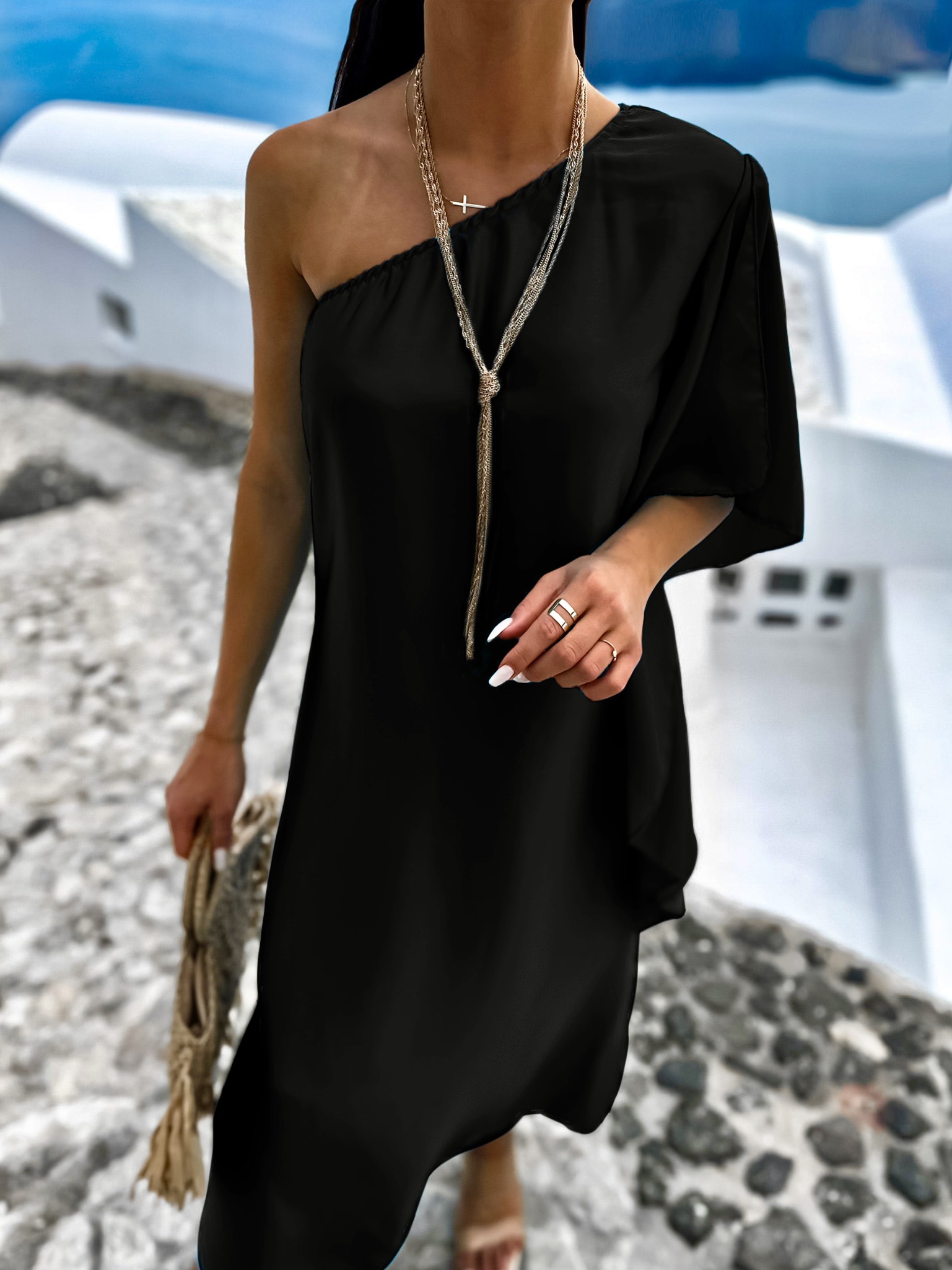 Černé elegantní šaty HUDIESI přes rameno Velikost: ONESIZE - Obrázek 2