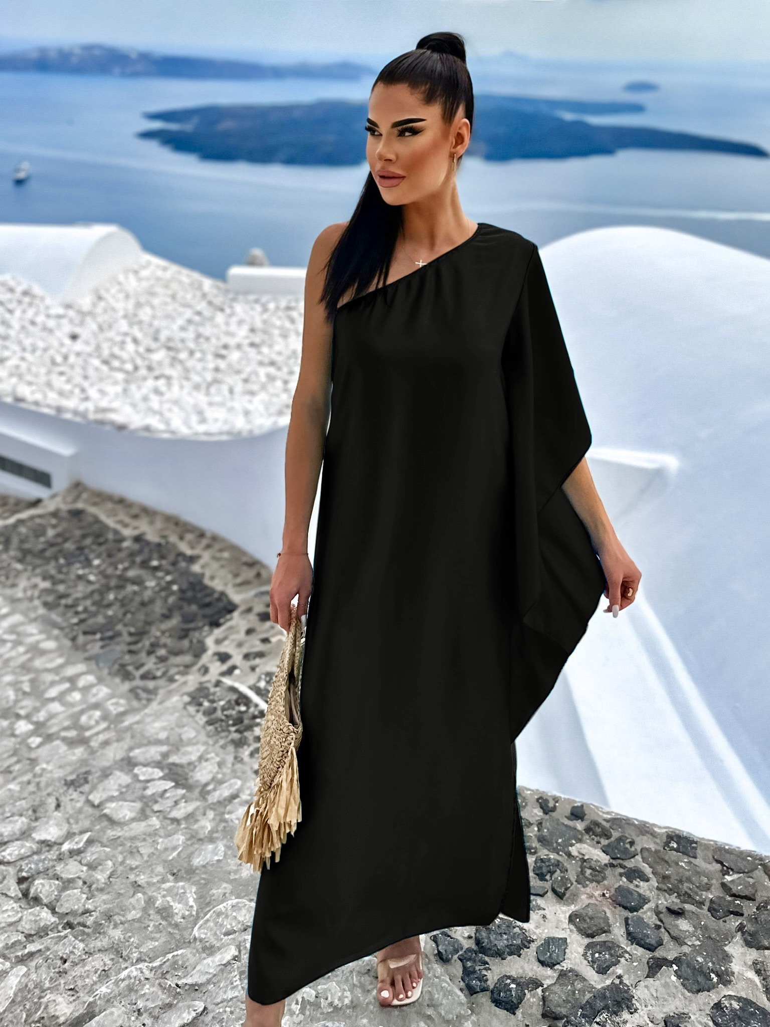 Černé elegantní šaty HUDIESI přes rameno Velikost: ONESIZE - Obrázek 3