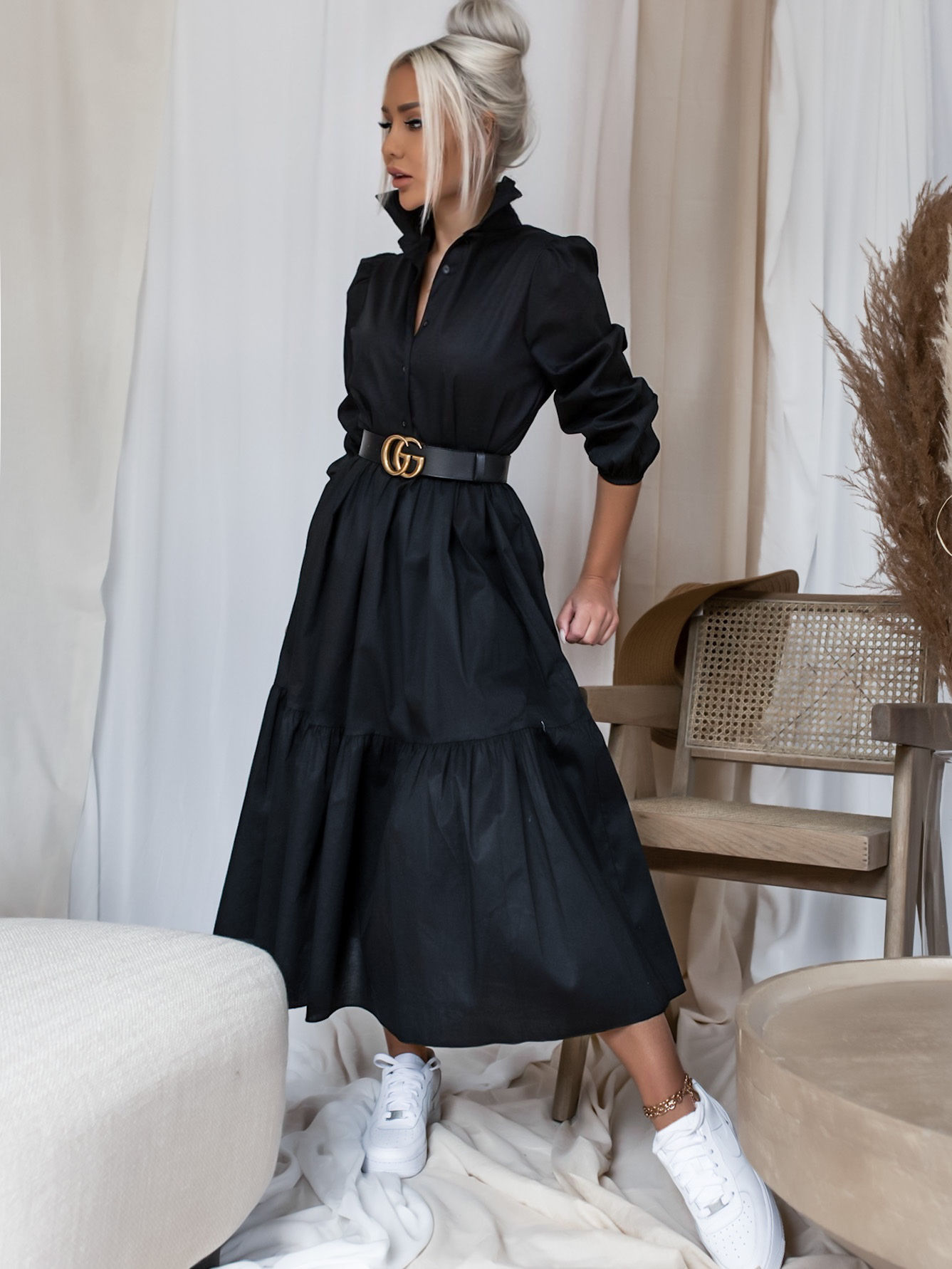 Černé košilové šaty ANITE s dlouhým rukávem