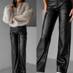 Černé koženkové široké wide leg kalhoty TURTO Velikost: L