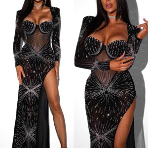 Černé luxusní třpytivé večerní šaty JAZUCI s rozparkem a body Velikost: L