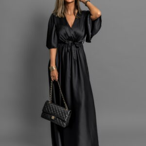 Černé saténové dlouhé šaty GO HOME s krátkým rukávem Velikost: ONESIZE