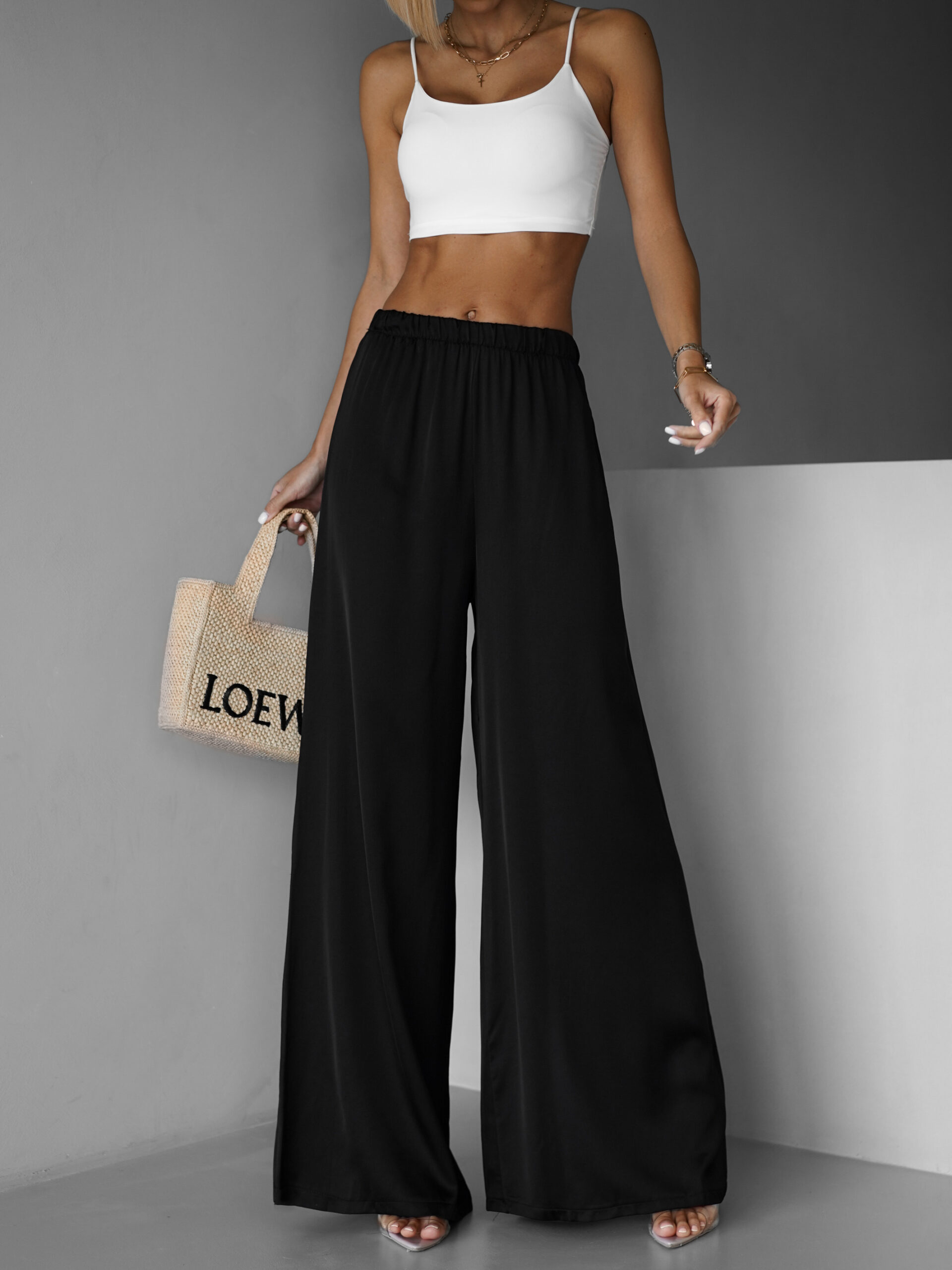 Černé saténové široké kalhoty SITAKE Velikost: Extra délka