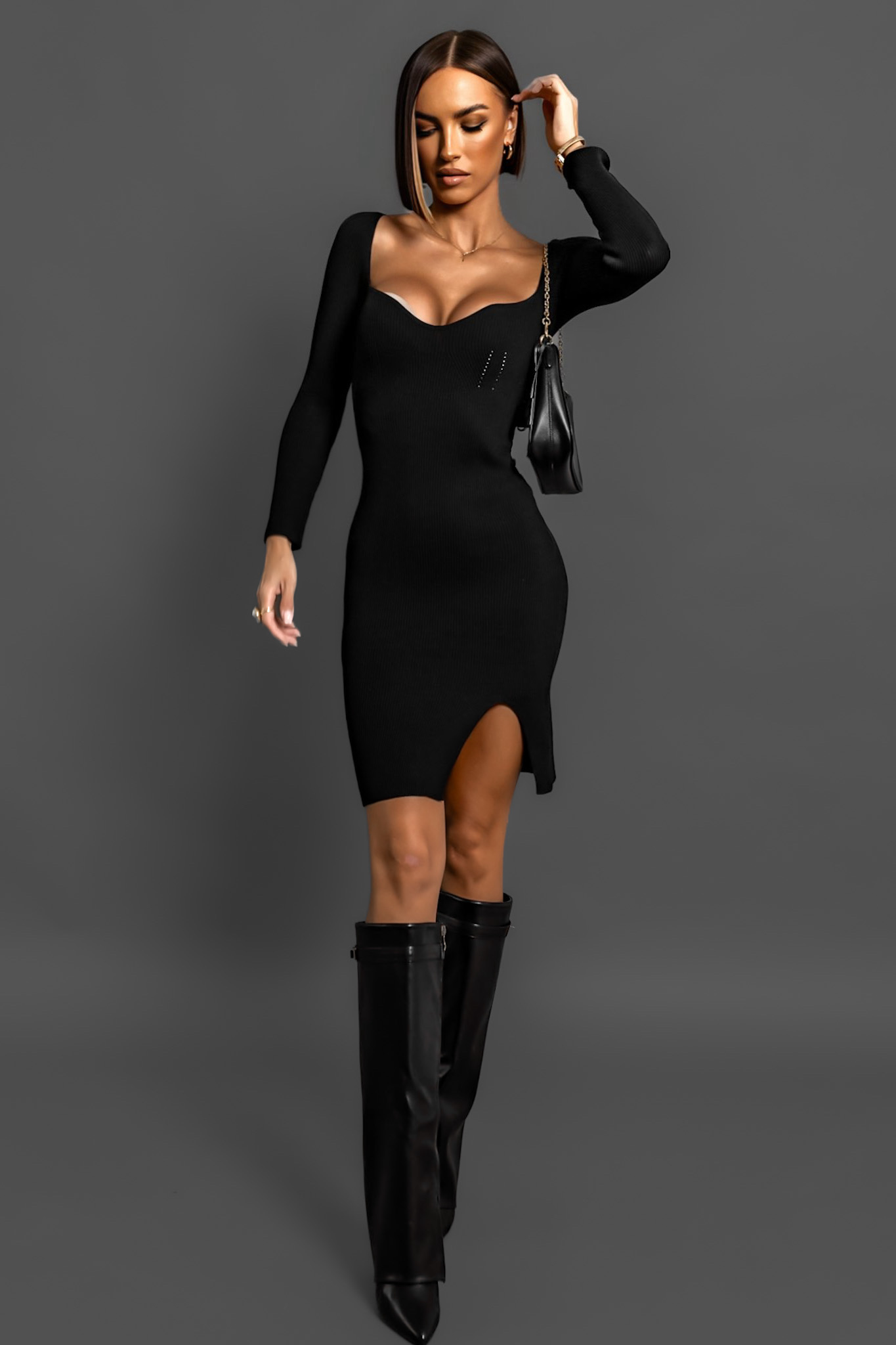 Černé úpletové šaty LONETTY s rozparkem Velikost: ONESIZE - Obrázek 2