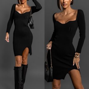 Černé úpletové šaty LONETTY s rozparkem Velikost: ONESIZE