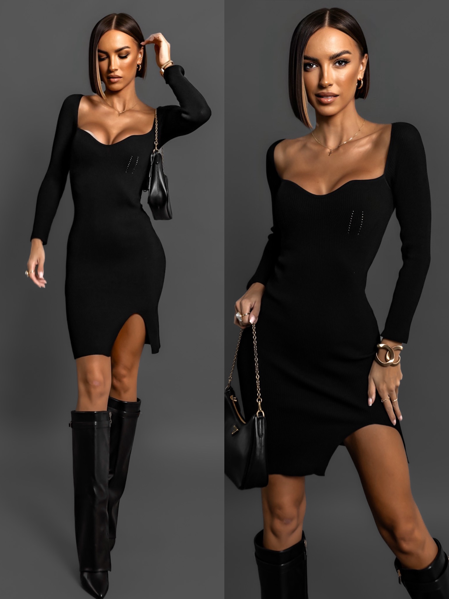 Černé úpletové šaty LONETTY s rozparkem Velikost: ONESIZE