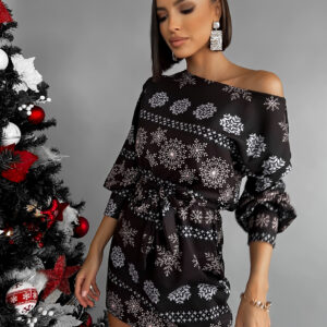 Černé vánoční šaty DAINTY s vázáním v pase