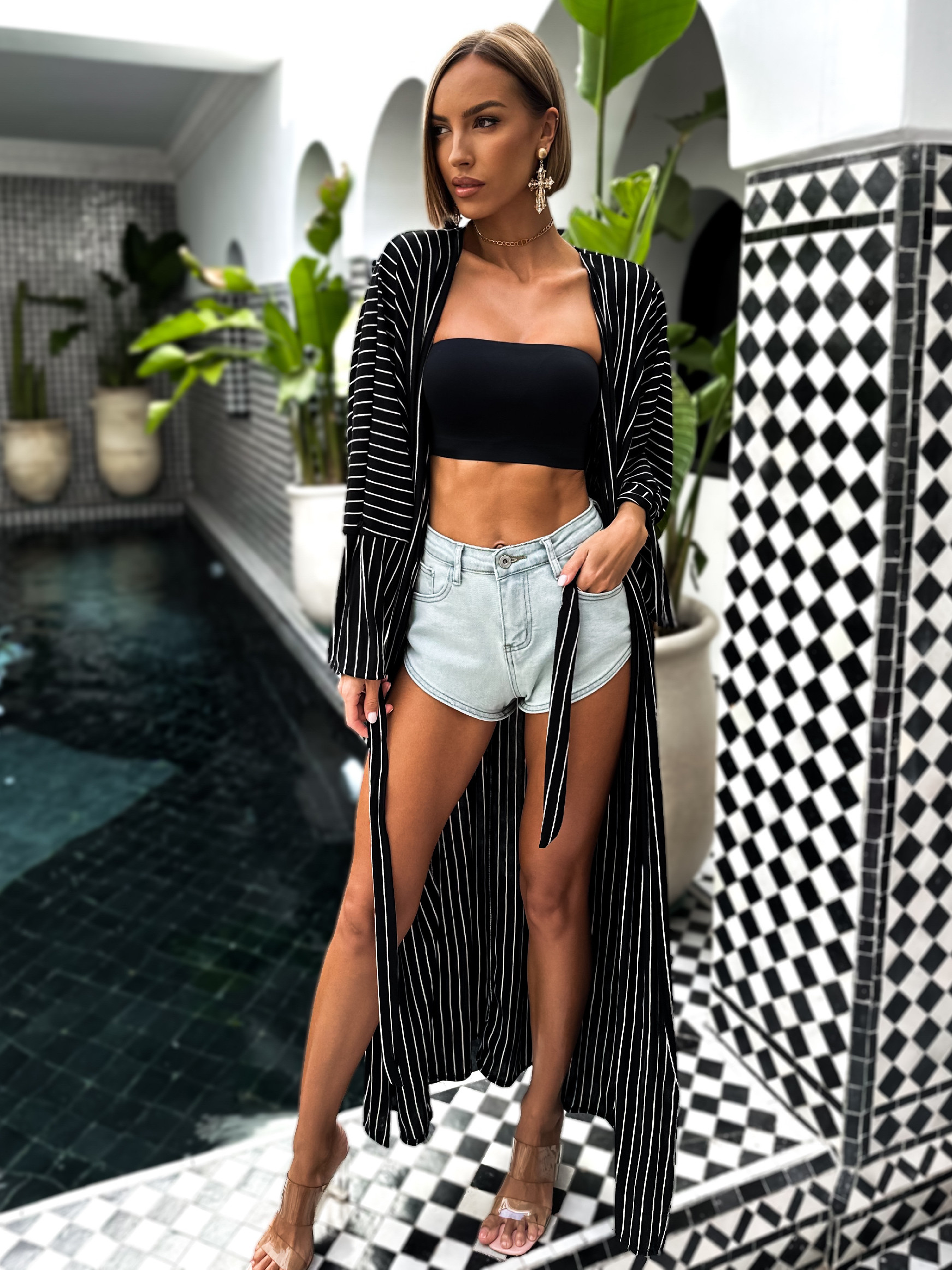 Černý dlouhý cardigan IZAURAL s páskem Velikost: ONESIZE - Obrázek 2